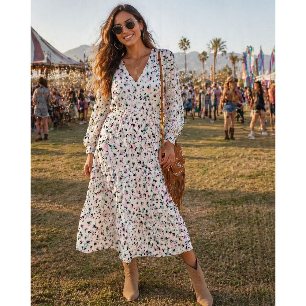 A New Day Floral Tiered Midi Dress XS Long Sleeve V-Neck